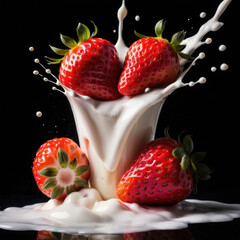 Strawberry Falling into Milk Splash on Black Background