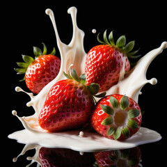 Strawberry Falling into Milk Splash on Black Background