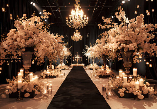 Fototapeta Black and white wedding ceremony decor with chandeliers, floral arrangements, candles, a long black carpet on the floor, a large hall, a modern style, and a night atmosphere.