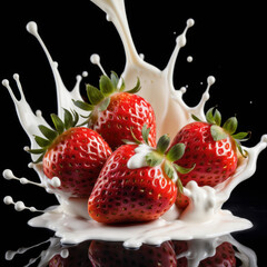 Strawberry Falling into Milk Splash on Black Background