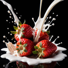 Strawberry Falling into Milk Splash on Black Background