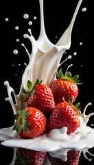 Strawberry Falling into Milk Splash on Black Background