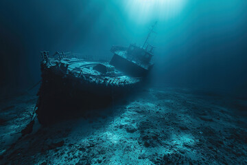 Underwater view of an sunken ship on seabed with fish swimming around