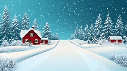 Fototapeta premium Retro Christmas card with snow-covered pine trees, cozy winter cabin, vintage textures, soft colors, classic holiday look
