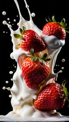 Strawberry Falling into Milk Splash on Black Background