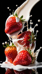 Strawberry Falling into Milk Splash on Black Background