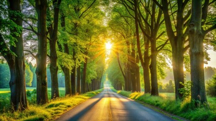 Fototapeta premium Scenic Rural Road with Sunlight Filtering Through Trees - Peaceful Nature Photography