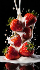 Strawberry Falling into Milk Splash on Black Background