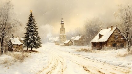 Fototapeta premium Vintage Christmas greeting with snowy village scene, decorated tree, old-world charm, rustic colors, classic details