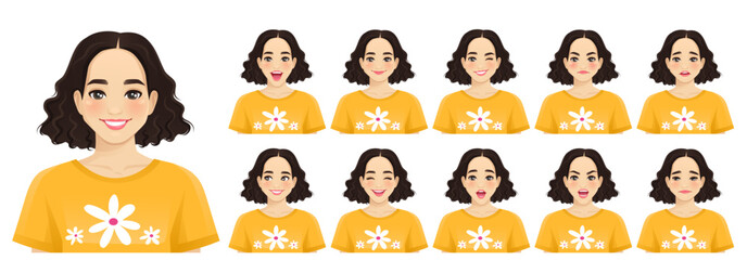 Young beautiful woman different facial expressions. Isolated vector illustration set of avatars