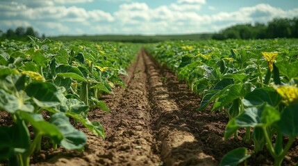 Fototapeta premium Field of okra with yellow flowers.
