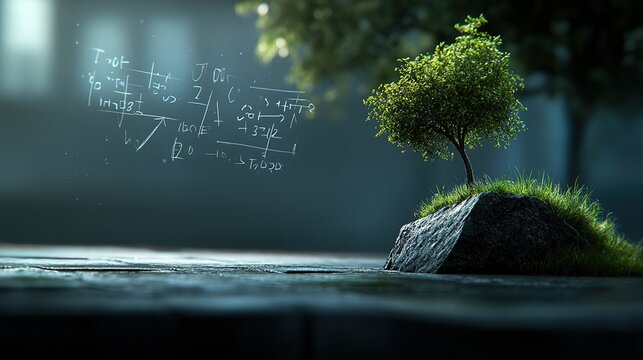 Small Tree Growing on a Rock Surrounded by Equation Formulas in a Misty Environment Evoking Nature and Knowledge in a Minimalistic Style