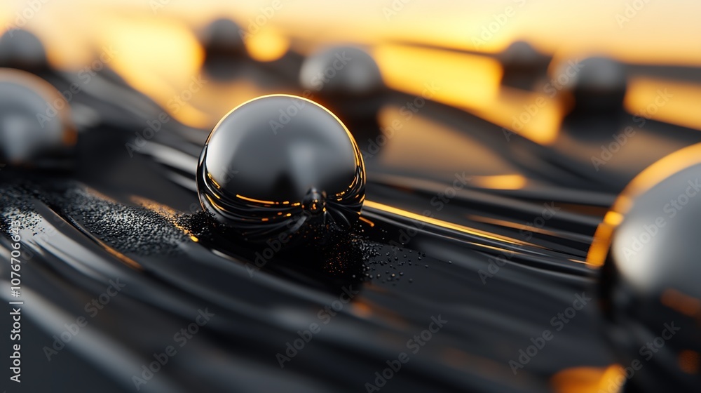 Poster close-up of reflective spheres on a fluid black surface with soft glowing light in the background, c