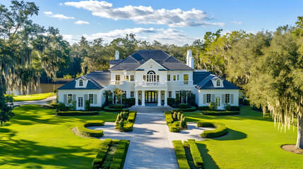 Lowcountry South Carolina plantation house with ancient live oaks and riverfront views, classic southern estate with wrap-around verandas