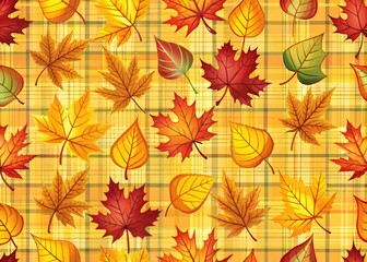  Autumn Leaves Pattern - Fall Wallpaper with Yellow Plaid Background for Home Decor