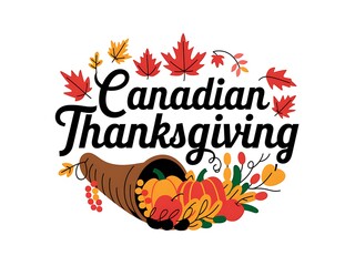 Obraz premium Canadian Thanksgiving Illustration with Horn of Plenty and Autumn Leaves