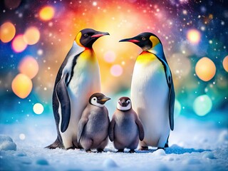 Obraz premium Cute penguin family captured in long exposure art, playing in a snowy landscape. Enjoy vibrant colors and fun designs for a delightful coloring experience for all ages.