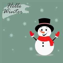 greeting card with snowman hello winter on a dark background