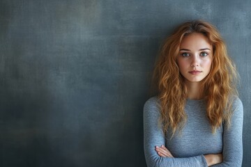Fototapeta premium A young woman with curly hair poses thoughtfully against a textured gray wall indoors