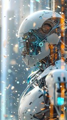 Fototapeta premium A robot with a blue face and orange arms