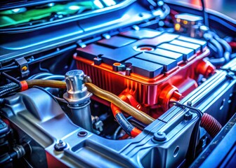 Selective focus on a hybrid car's battery anode featuring a red plus pole, showcasing architectural photography that highlights automotive engineering design and innovative technology.