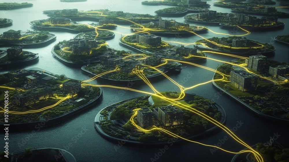 Poster a futuristic eco-city built on a network of islands, where every building is powered by tidal and so