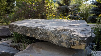 Obraz premium flat stone podium on a rock platform serves as a stylish showcase against a backdrop of verdant forest scenery