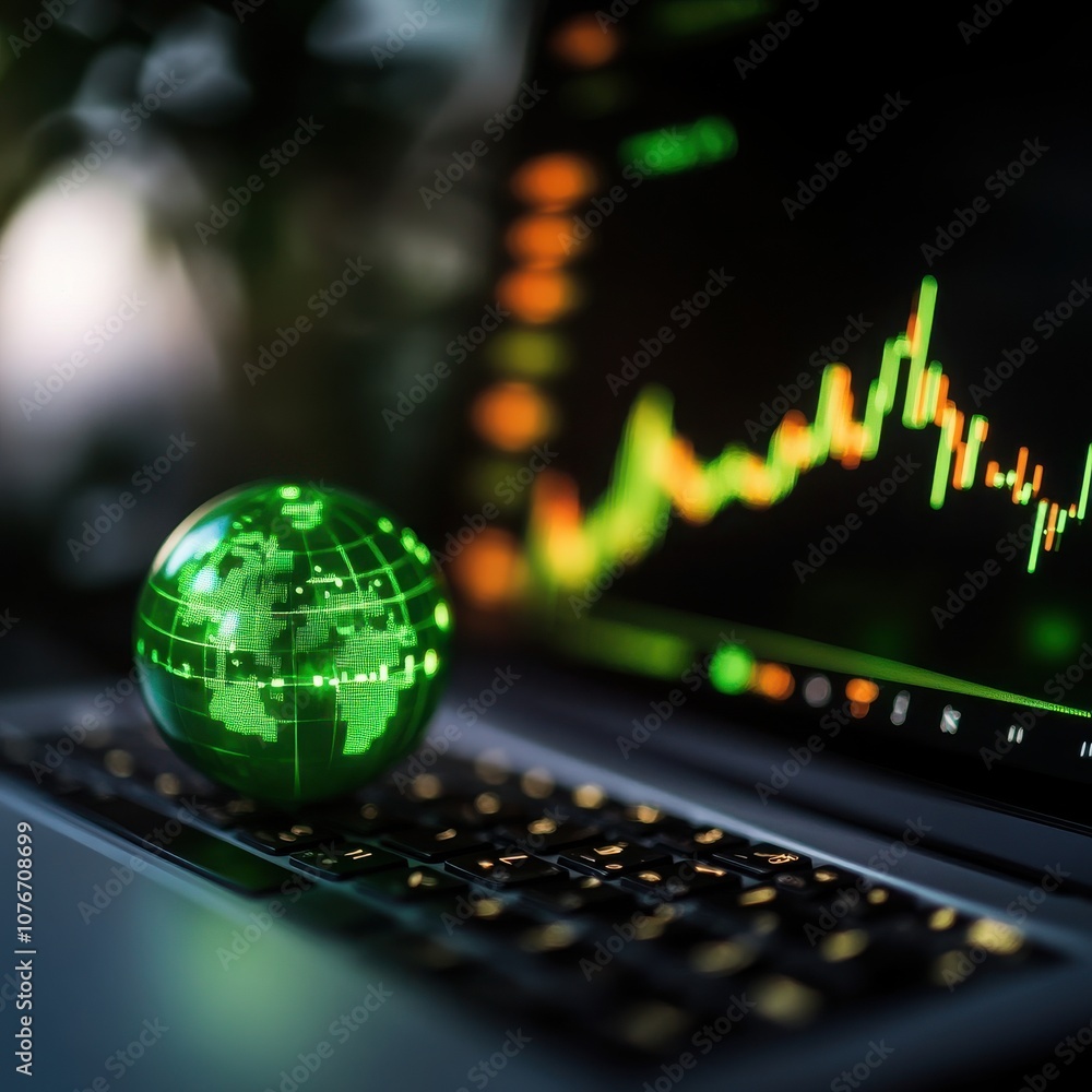 Aufkleber green globe and data analytics on laptop keyboard
