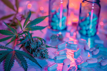 Obraz premium Cannabis leaves, buds, capsules, bottles on neon-lit background, traditional medicine, innovative treatment, recreational drug. Pharmaceutical applications of cannabinoids, CBD, THC, medical cannabis