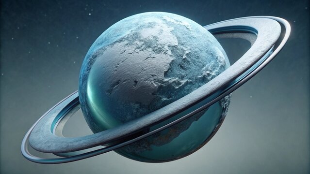 A 3D rendering of a planet with rings made of ice and dust particles, floating serenely in the emptiness of the cosmos