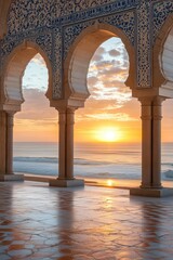 Majestic View of a Sunset Through Ancient Arches with a Serene Ocean Scene and Beautiful Sky Reflections Over Calm Waters at Dusk