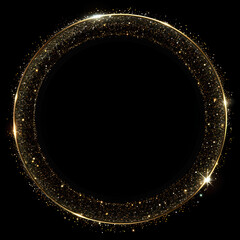 Gold glittering circular frame on a black background, vector illustration. Sparkling golden ring with shimmering particles and stars surrounding it.