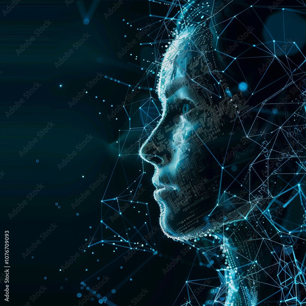 Poster futuristic digital human profile with network connections and data visualization