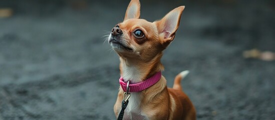 A small, attentive Chihuahua with a pink collar outdoors.