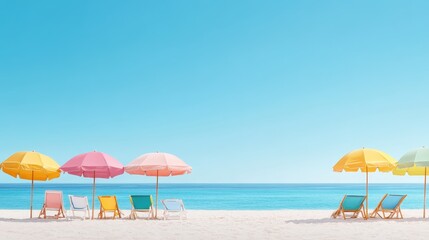 Fototapeta premium Colorful Beach Umbrellas Lining the Shore Under a Clear Blue Sky, Inviting Relaxation and Serenity by the Seaside for Vacation Getaways and Leisure Activities
