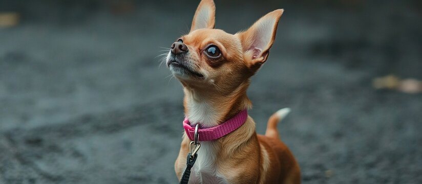 A small, attentive Chihuahua with a pink collar outdoors.