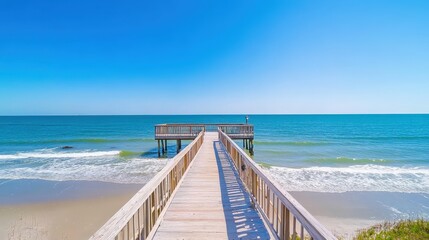 Serene Fishing Pier Under a Vast Clear Sky Overhead, Inviting Anglers and Nature Lovers to Enjoy Tranquility and Scenic Beauty of Coastal Horizons