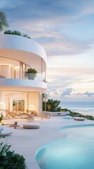 Fototapeta premium Modern Minimalist High-Rise Condominium Design with Serene Oceanview, Inviting Pool Area, and Lush Green Surroundings Capturing Elegant Living Aesthetic