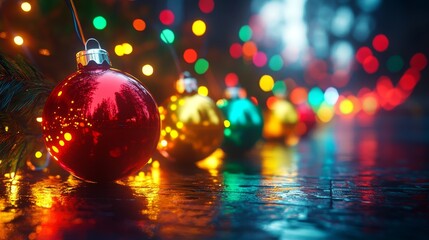 Obraz premium Christmas lights in red, green, yellow, and blue, glowing with vibrant holographic energy, high-tech reflections in metallic surfaces, Cyberpunk, Neon, 3D Render