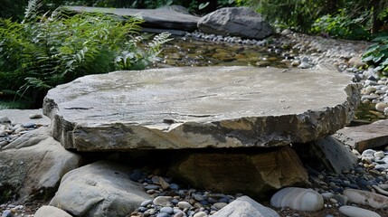 flat stone podium on a rock platform serves as a stylish showcase against a backdrop of verdant forest scenery