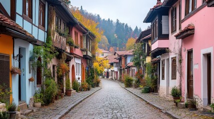 Charming Narrow Cobblestone Street Surrounded by Colorful Historic Homes and Lush Foliage in a Picturesque Autumn Setting