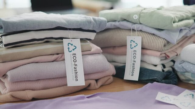 Eco slow fashion retail label second hand sale store net zero waste free go green. Price tag paper thrift shop small seller shirt stack folded Bio fabric symbol closet product reduce gas social issue.