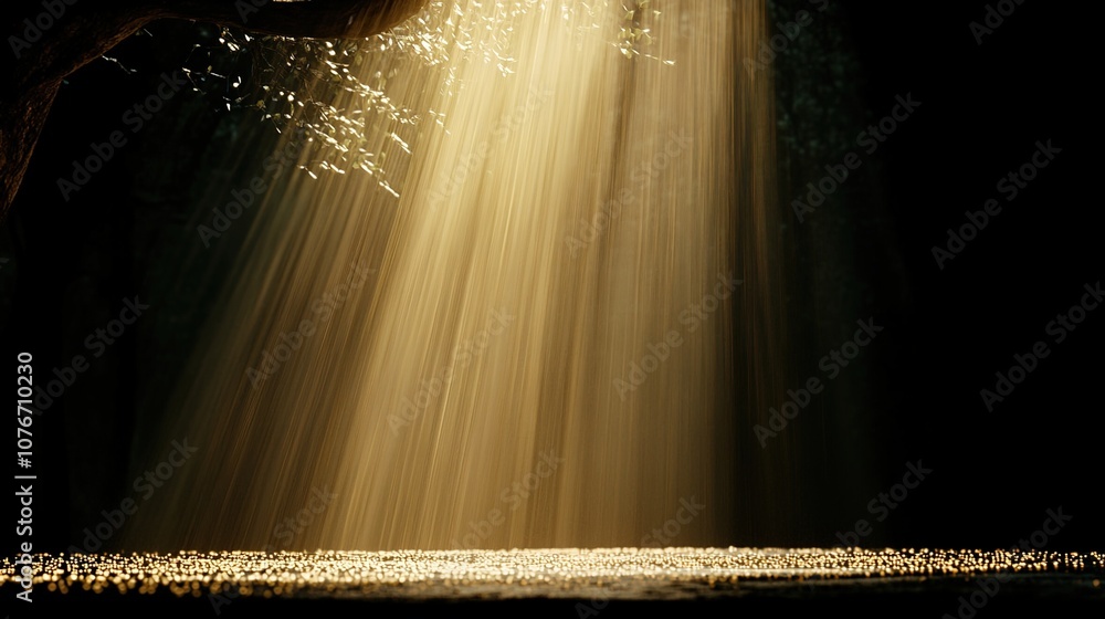 Poster rays of sunshine filtering through tree canopy in a serene natural setting with glowing dust particl