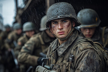 Fototapeta premium Young soldiers prepare for battle during a rainy wartime setting