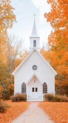 Charming White Wooden Church Surrounded by Vibrant Autumn Foliage in a Quiet Rural Setting of New England