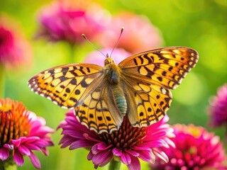 Obraz premium Dark Green Fritillary Butterfly on Pink Flower - Nature Beauty and Wildlife Photography
