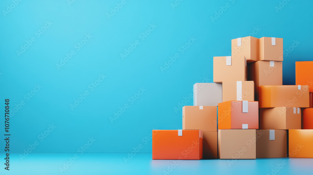 Poster stacked cardboard boxes in a bright warehouse setting with a colorful gradient background, ideal for