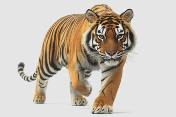 Obraz premium Stunning 3D Illustration of a Striking Tiger Walking Isolated on a White Background, Perfect for Wildlife and Nature-Themed Projects and Designs