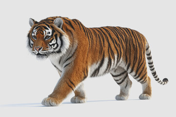Fototapeta premium Detailed of an Isolated Tiger Walking on a White Background, Perfect for Wildlife-Themed Projects and Designs