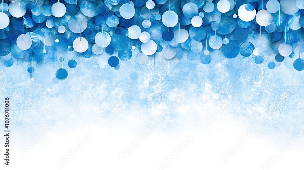 Poster abstract background design featuring a cascade of blue and white circular shapes suspended from abov